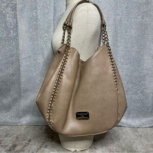 Bebe Taupe Leather Chain Shoulder Bag heavy